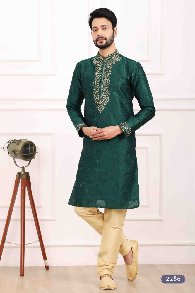 Raivat Ethnic Art Banarasi Silk Thread Work Kurta Pajama In Green Colour | Swadesiicart