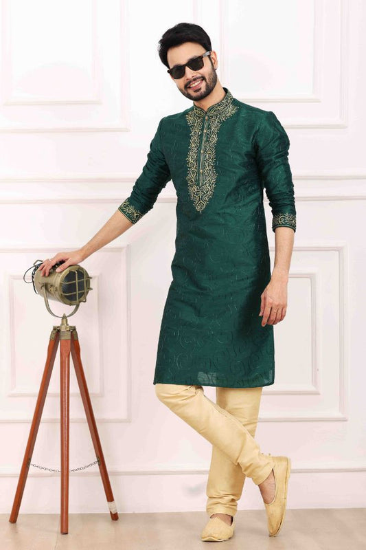 Raivat Ethnic Art Banarasi Silk Thread Work Kurta Pajama In Green Colour | Swadesiicart