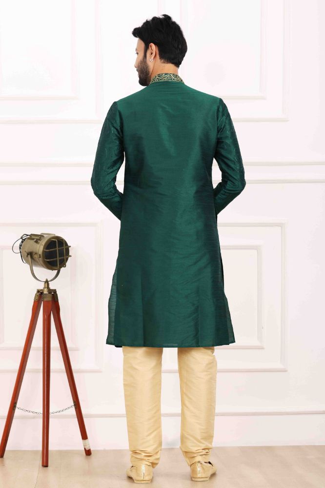 Raivat Ethnic Art Banarasi Silk Thread Work Kurta Pajama In Green Colour | Swadesiicart