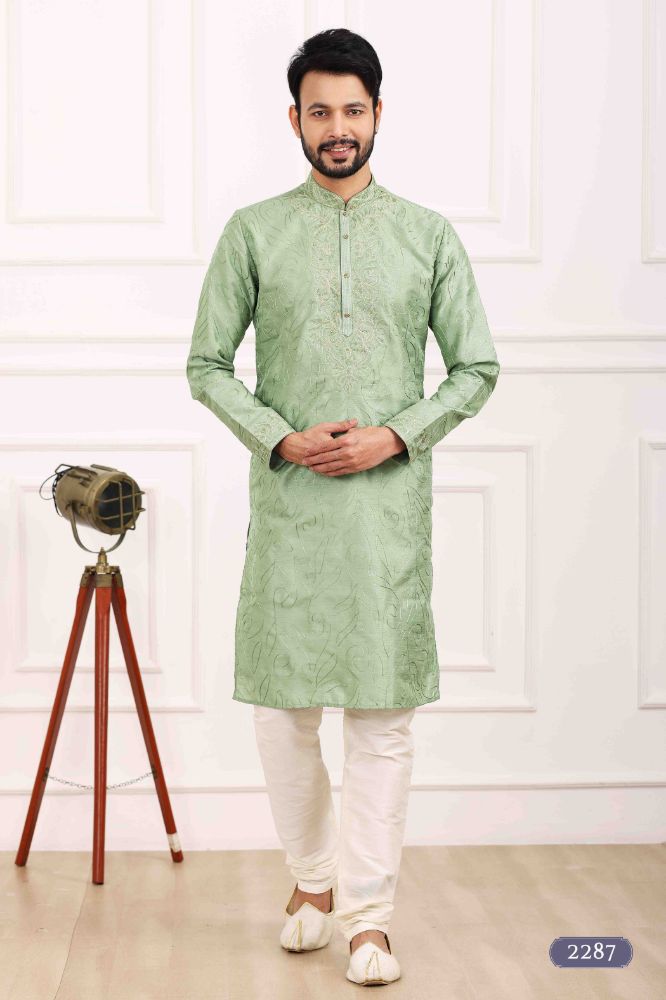 Raivat Ethnic Art Banarasi Silk Thread Work Kurta Pajama In Pista Green Colour | Swadesiicart