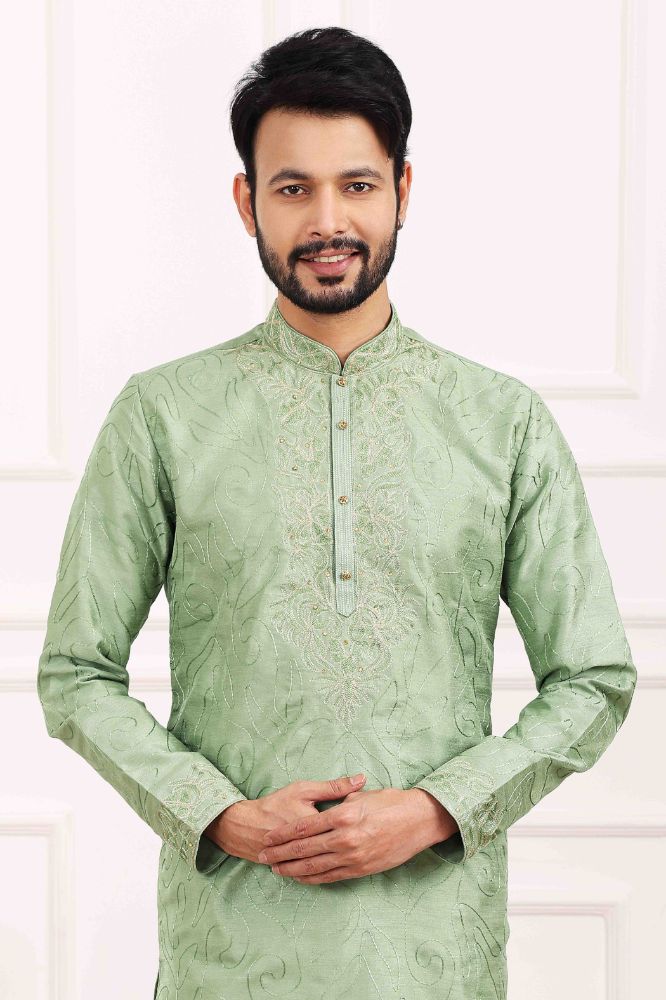 Raivat Ethnic Art Banarasi Silk Thread Work Kurta Pajama In Pista Green Colour | Swadesiicart