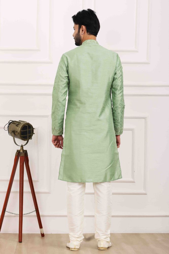 Raivat Ethnic Art Banarasi Silk Thread Work Kurta Pajama In Pista Green Colour | Swadesiicart