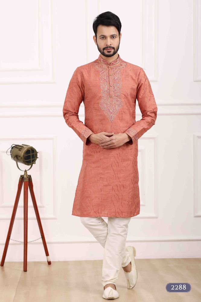 Raivat Ethnic Art Banarasi Silk Thread Work Kurta Pajama In Rust Pink Colour | Swadesiicart