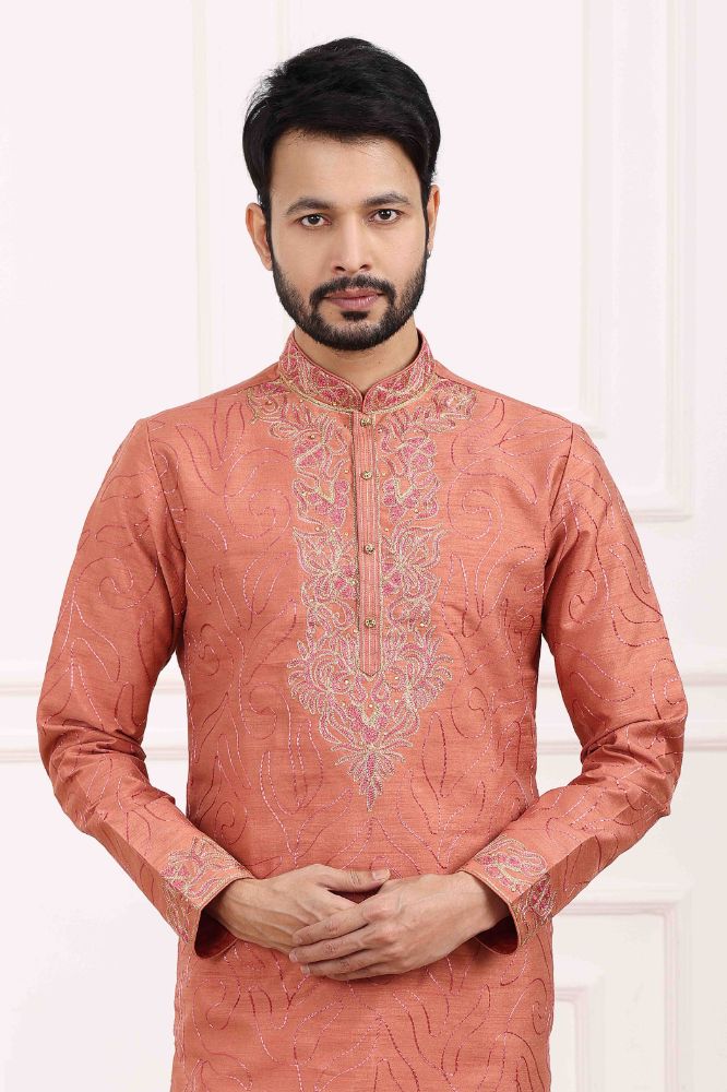 Raivat Ethnic Art Banarasi Silk Thread Work Kurta Pajama In Rust Pink Colour | Swadesiicart