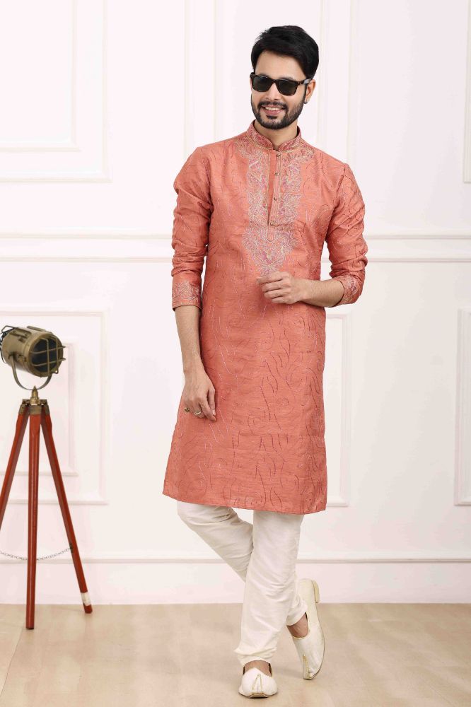 Raivat Ethnic Art Banarasi Silk Thread Work Kurta Pajama In Rust Pink Colour | Swadesiicart