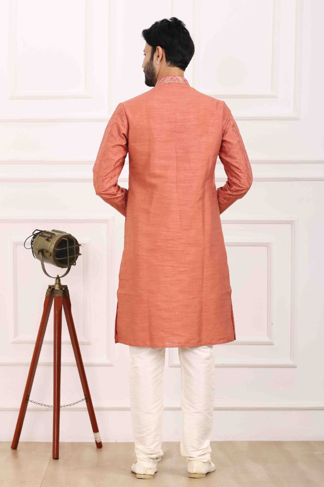 Raivat Ethnic Art Banarasi Silk Thread Work Kurta Pajama In Rust Pink Colour | Swadesiicart