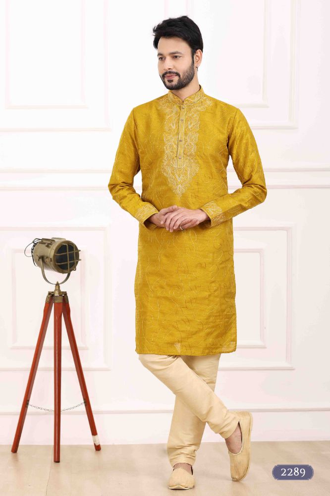 Raivat Ethnic Art Banarasi Silk Thread Work Kurta Pajama In Mustard Colour | Swadesiicart