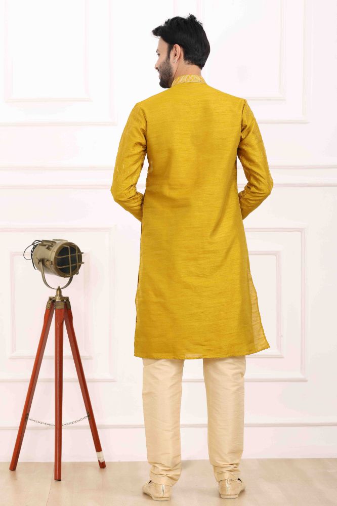 Raivat Ethnic Art Banarasi Silk Thread Work Kurta Pajama In Mustard Colour | Swadesiicart