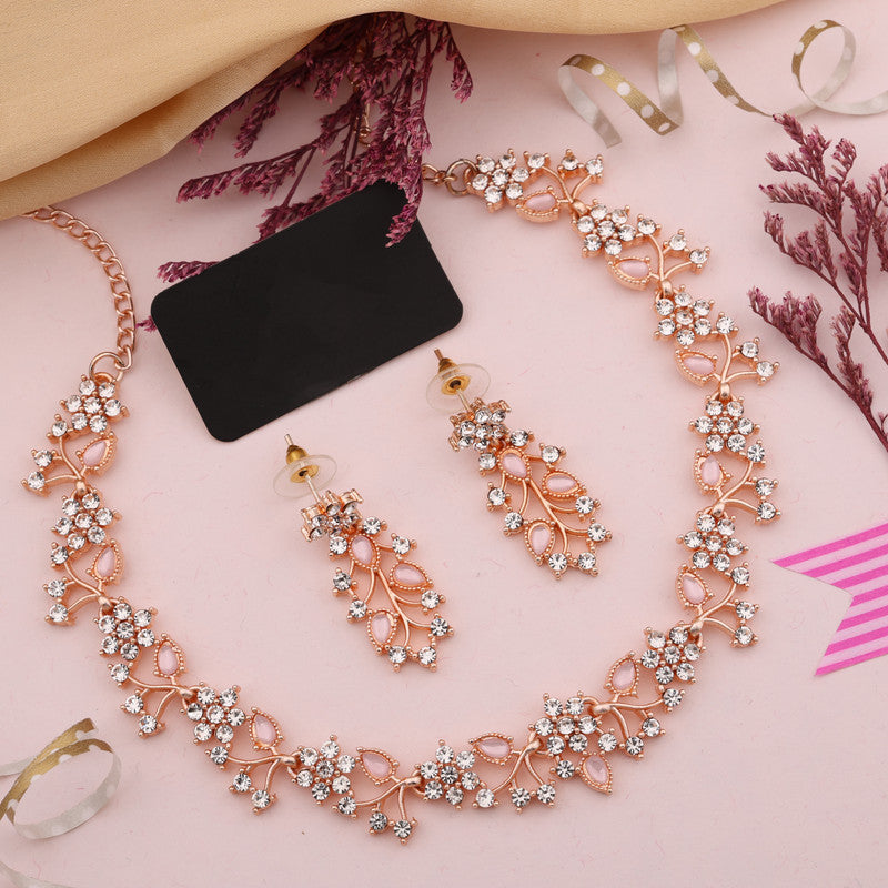 Tehzeeb Creations Brass, Stone, Crystal, Stainless Steel Gold-Polished Pink Jewel Set - Swadesiicart