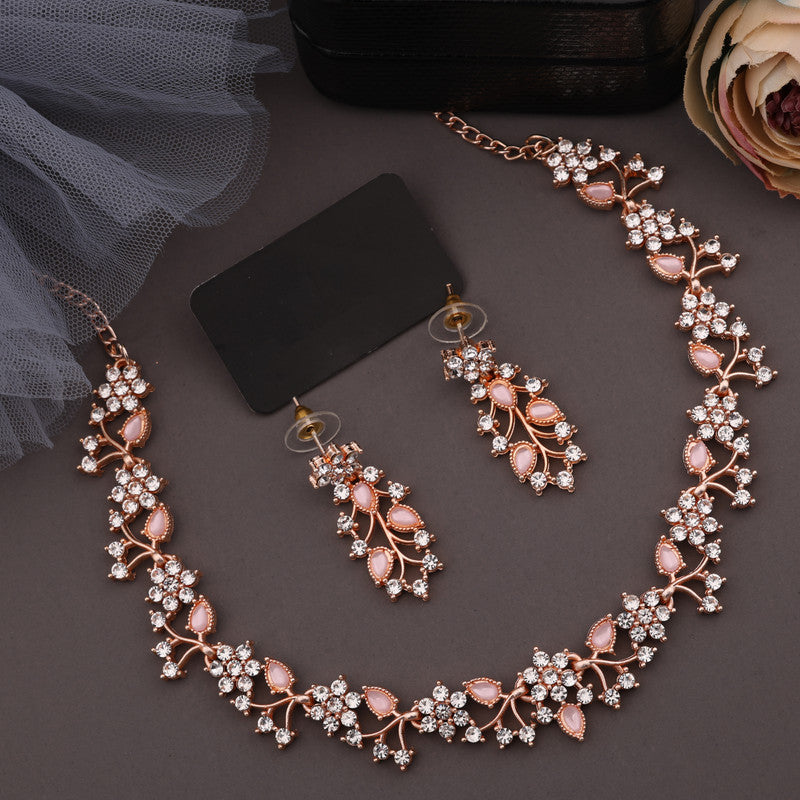 Tehzeeb Creations Brass, Stone, Crystal, Stainless Steel Gold-Polished Pink Jewel Set - Swadesiicart