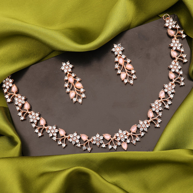 Tehzeeb Creations Brass, Stone, Crystal, Stainless Steel Gold-Polished Pink Jewel Set - Swadesiicart