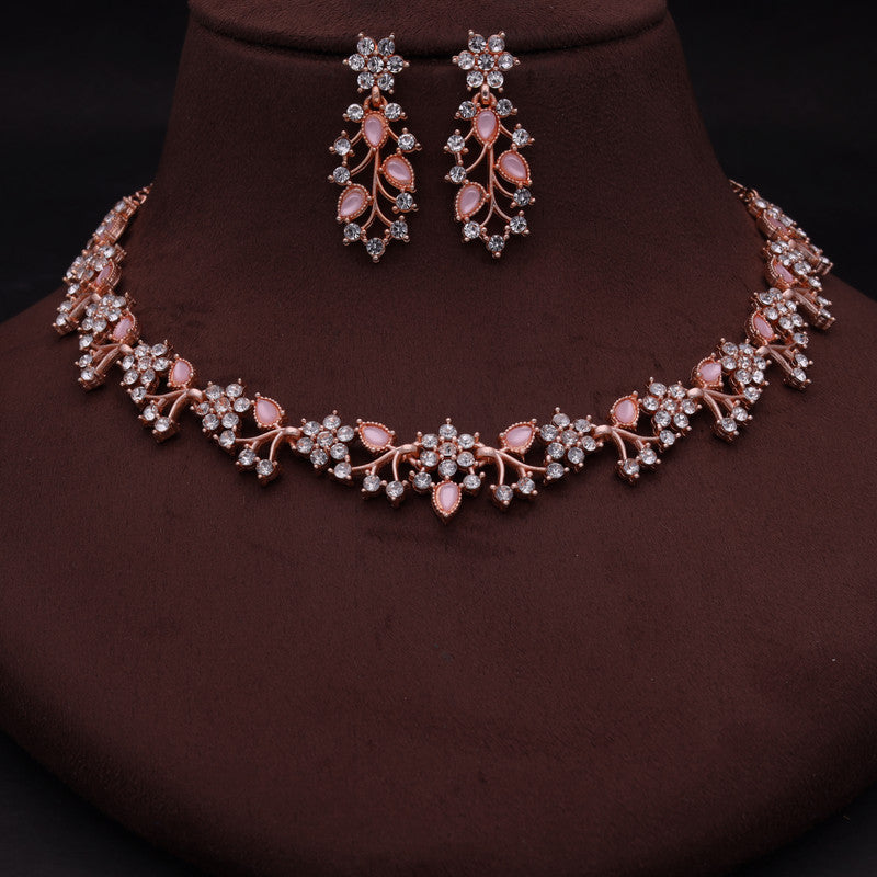 Tehzeeb Creations Brass, Stone, Crystal, Stainless Steel Gold-Polished Pink Jewel Set - Swadesiicart