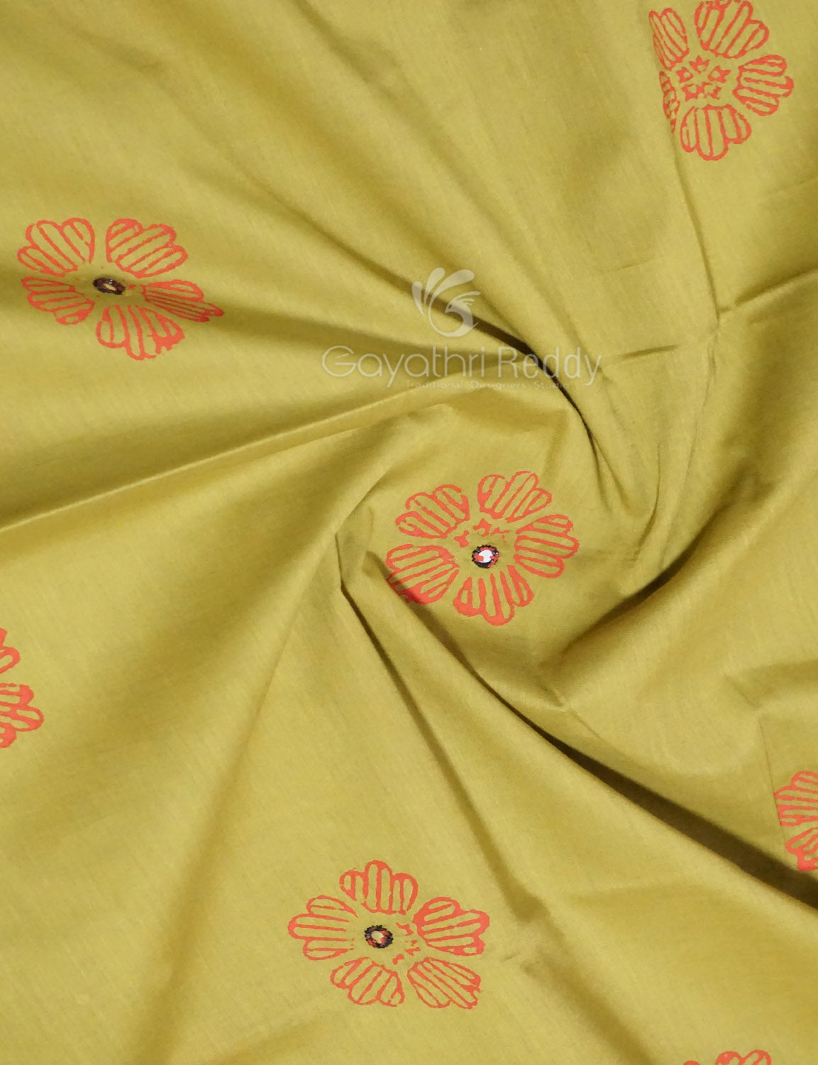 Mehndi Green Colour Block Print With Mirron Embroidered Pure Mulmul Cotton Saree By Gayathri Reddy Designer Studio | Swadesiicart