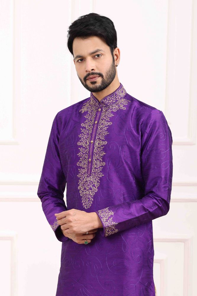 Raivat Ethnic Art Banarasi Silk Thread Work Kurta Pajama In Purple Colour | Swadesiicart