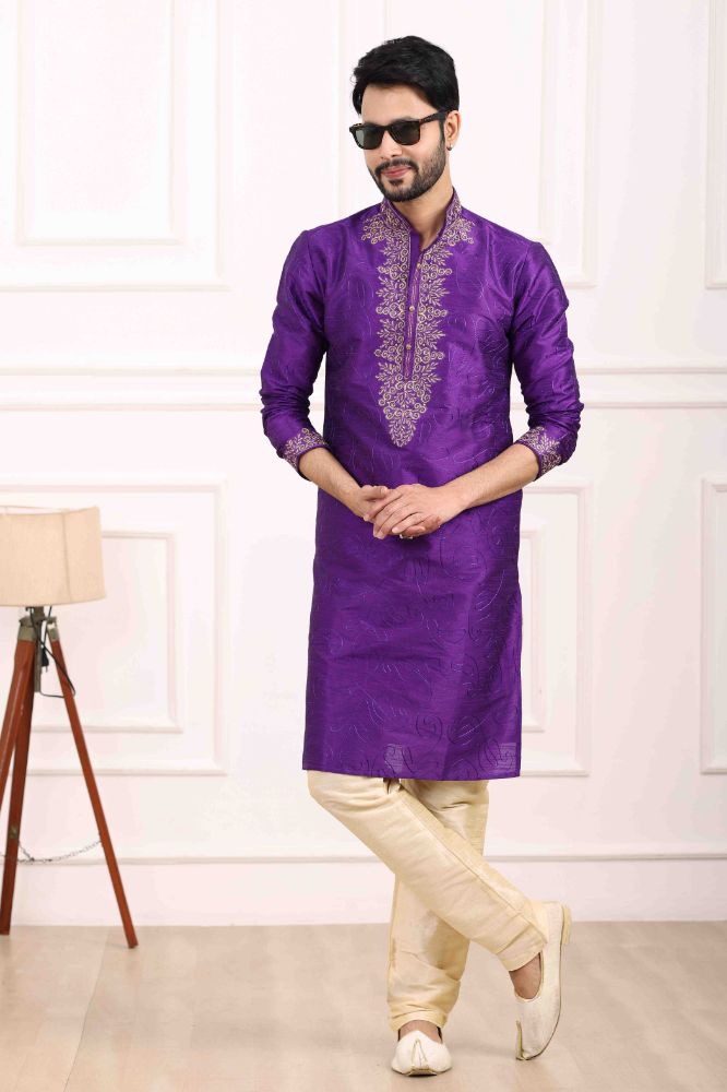 Raivat Ethnic Art Banarasi Silk Thread Work Kurta Pajama In Purple Colour | Swadesiicart