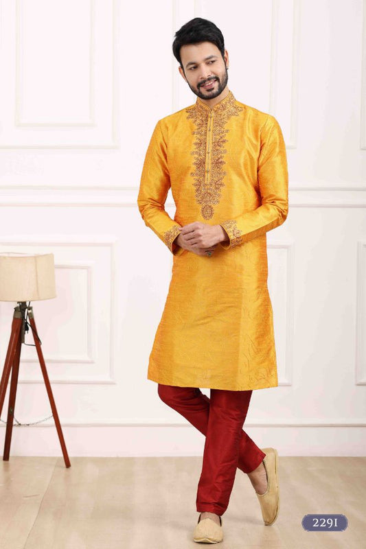 Raivat Ethnic Art Banarasi Silk Thread Work Kurta Pajama In Mustard Colour | Swadesiicart
