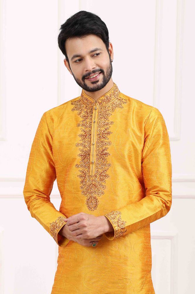 Raivat Ethnic Art Banarasi Silk Thread Work Kurta Pajama In Mustard Colour | Swadesiicart