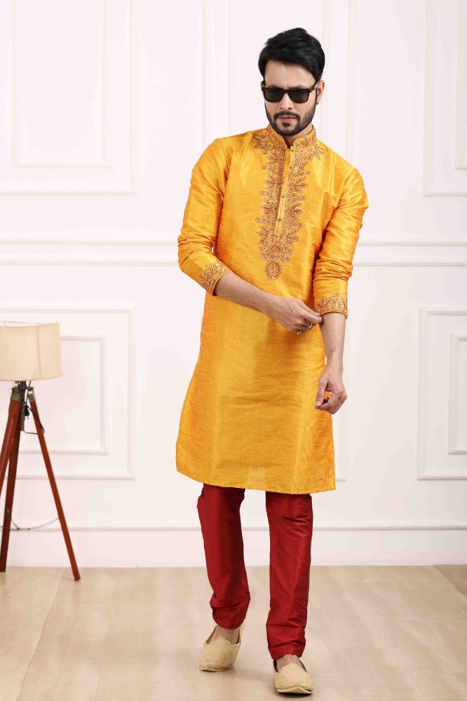 Raivat Ethnic Art Banarasi Silk Thread Work Kurta Pajama In Mustard Colour | Swadesiicart