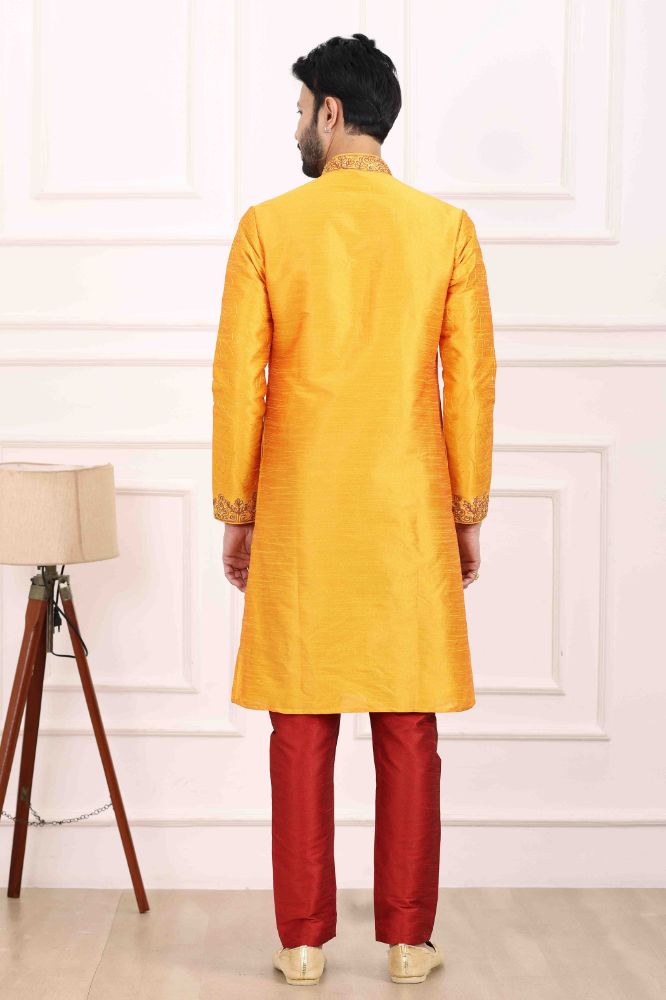 Raivat Ethnic Art Banarasi Silk Thread Work Kurta Pajama In Mustard Colour | Swadesiicart