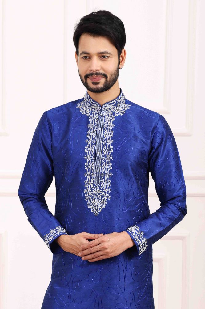 Raivat Ethnic Art Banarasi Silk Thread Work Kurta Pajama In Blue Colour | Swadesiicart