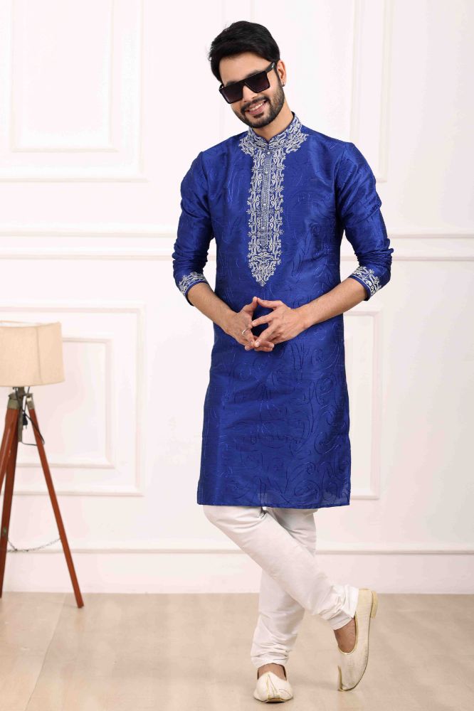 Raivat Ethnic Art Banarasi Silk Thread Work Kurta Pajama In Blue Colour | Swadesiicart