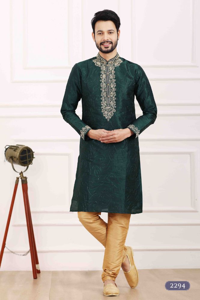 Raivat Ethnic Art Banarasi Silk Thread Work Kurta Pajama In Green Colour | Swadesiicart