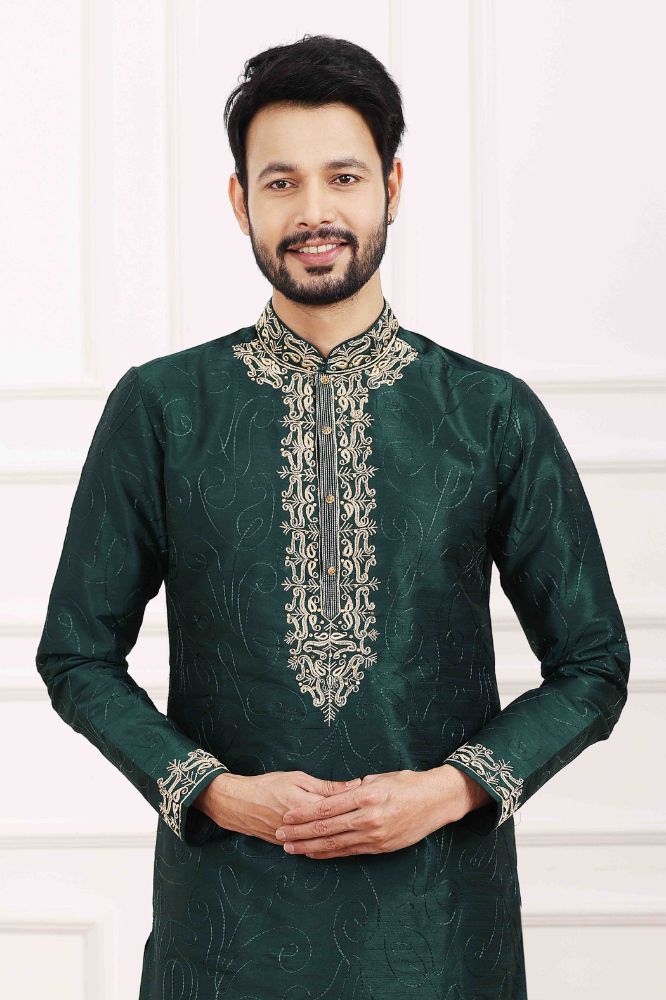 Raivat Ethnic Art Banarasi Silk Thread Work Kurta Pajama In Green Colour | Swadesiicart