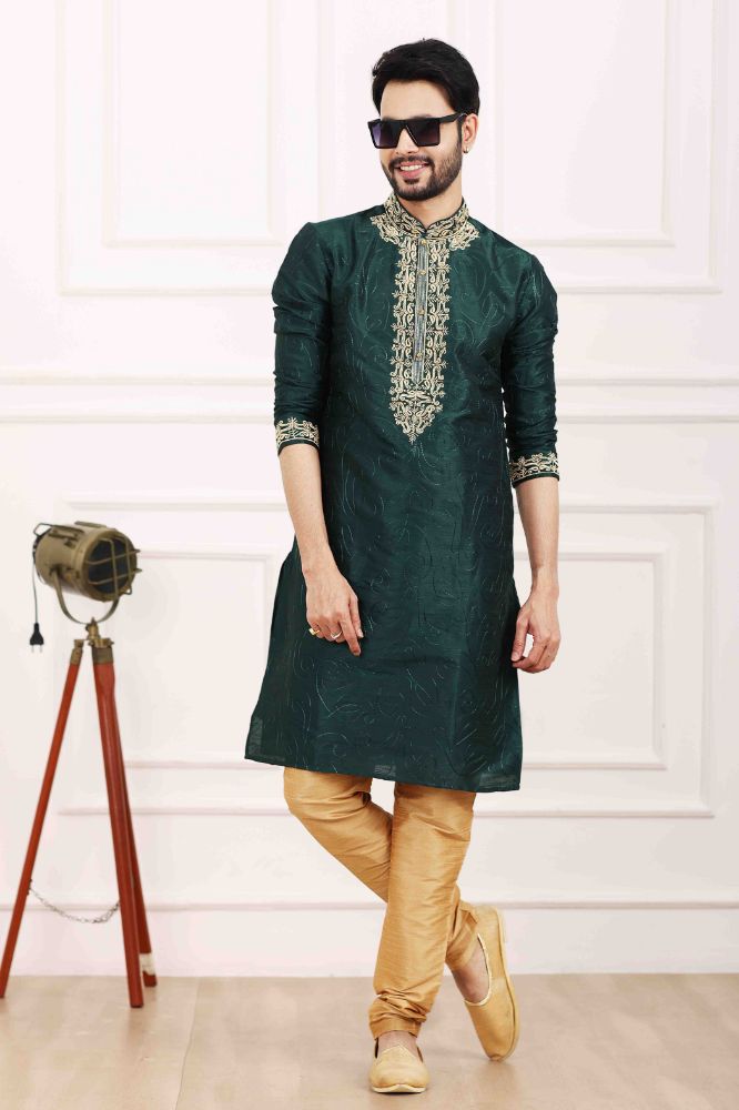 Raivat Ethnic Art Banarasi Silk Thread Work Kurta Pajama In Green Colour | Swadesiicart