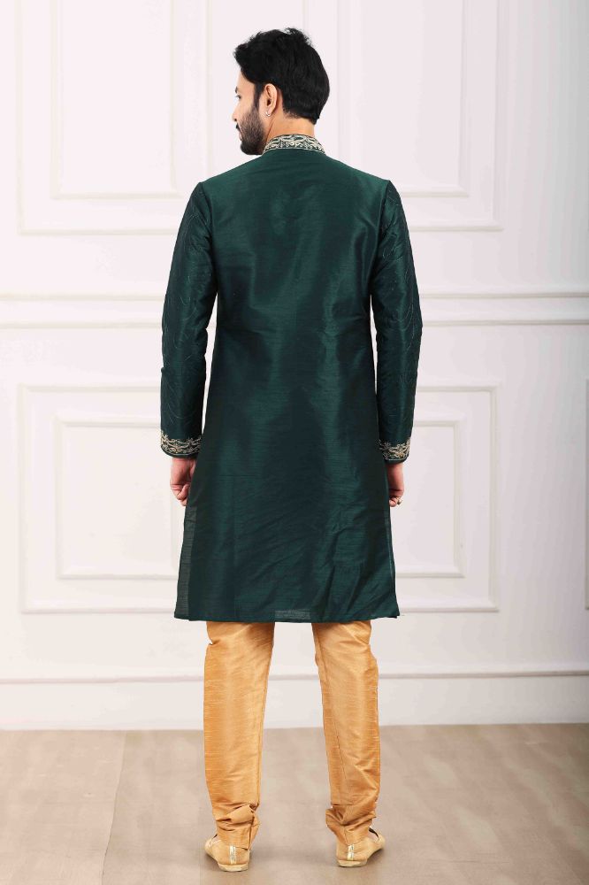 Raivat Ethnic Art Banarasi Silk Thread Work Kurta Pajama In Green Colour | Swadesiicart