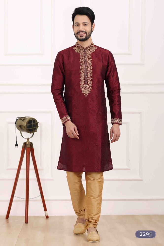 Raivat Ethnic Art Banarasi Silk Thread Work Kurta Pajama In Wine Colour | Swadesiicart