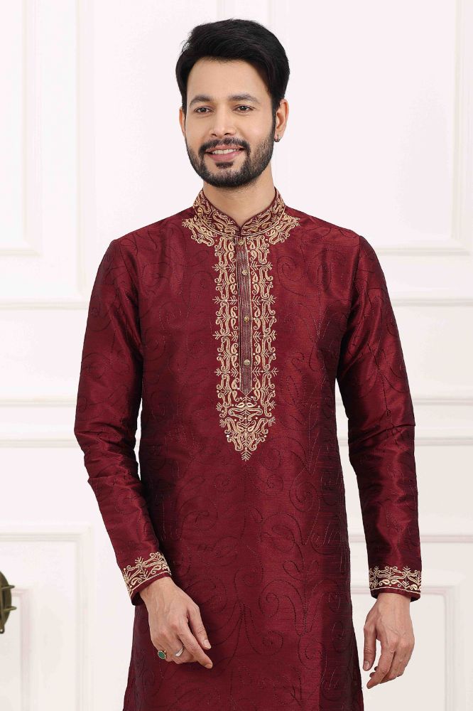 Raivat Ethnic Art Banarasi Silk Thread Work Kurta Pajama In Wine Colour | Swadesiicart