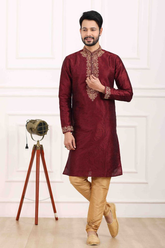 Raivat Ethnic Art Banarasi Silk Thread Work Kurta Pajama In Wine Colour | Swadesiicart