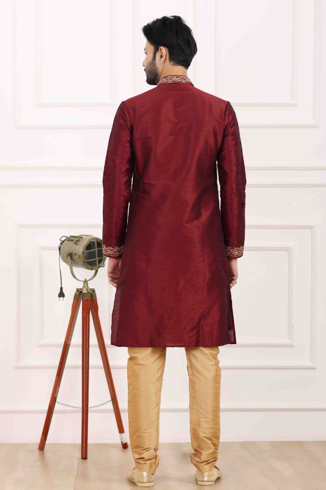 Raivat Ethnic Art Banarasi Silk Thread Work Kurta Pajama In Wine Colour | Swadesiicart