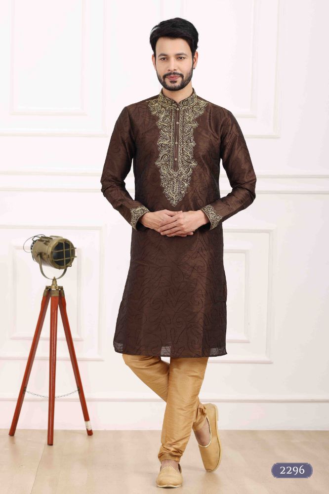 Raivat Ethnic Art Banarasi Silk Thread Work Kurta Pajama In Brown Colour | Swadesiicart
