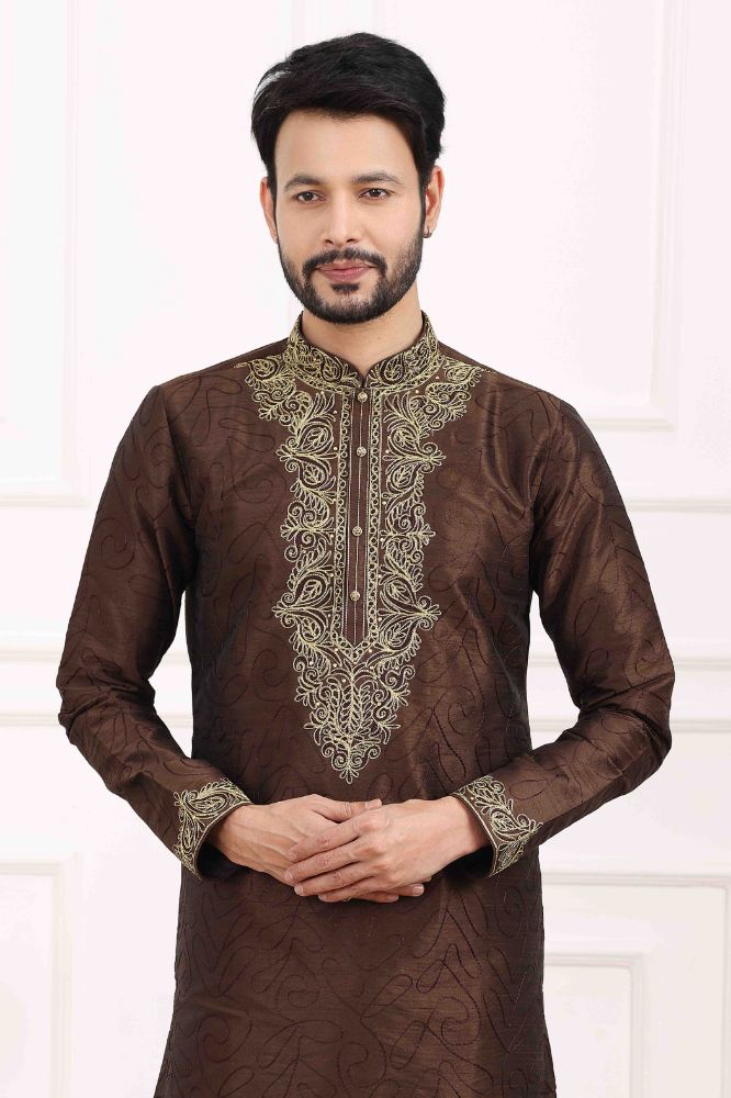 Raivat Ethnic Art Banarasi Silk Thread Work Kurta Pajama In Brown Colour | Swadesiicart
