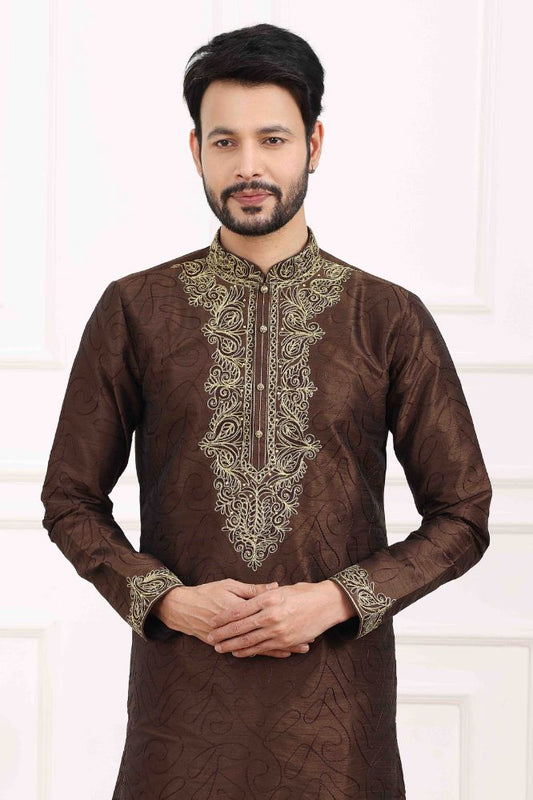 Raivat Ethnic Art Banarasi Silk Thread Work Kurta Pajama In Brown Colour | Swadesiicart