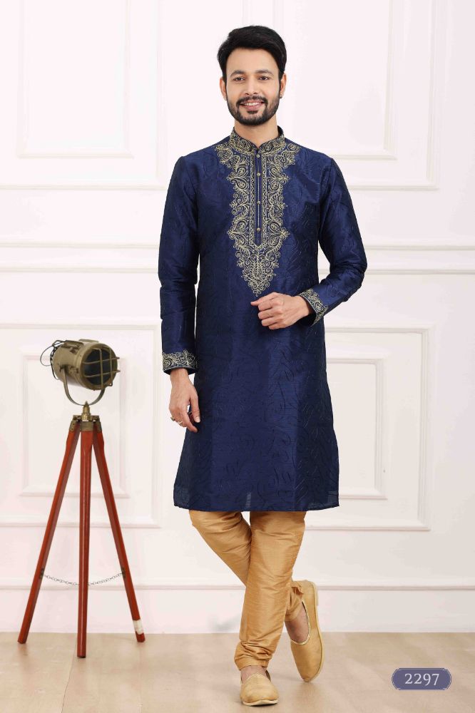 Raivat Ethnic Art Banarasi Silk Thread Work Kurta Pajama In Navy Blue Colour | Swadesiicart