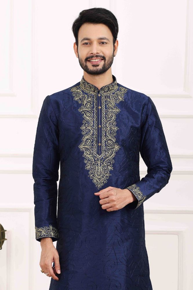 Raivat Ethnic Art Banarasi Silk Thread Work Kurta Pajama In Navy Blue Colour | Swadesiicart