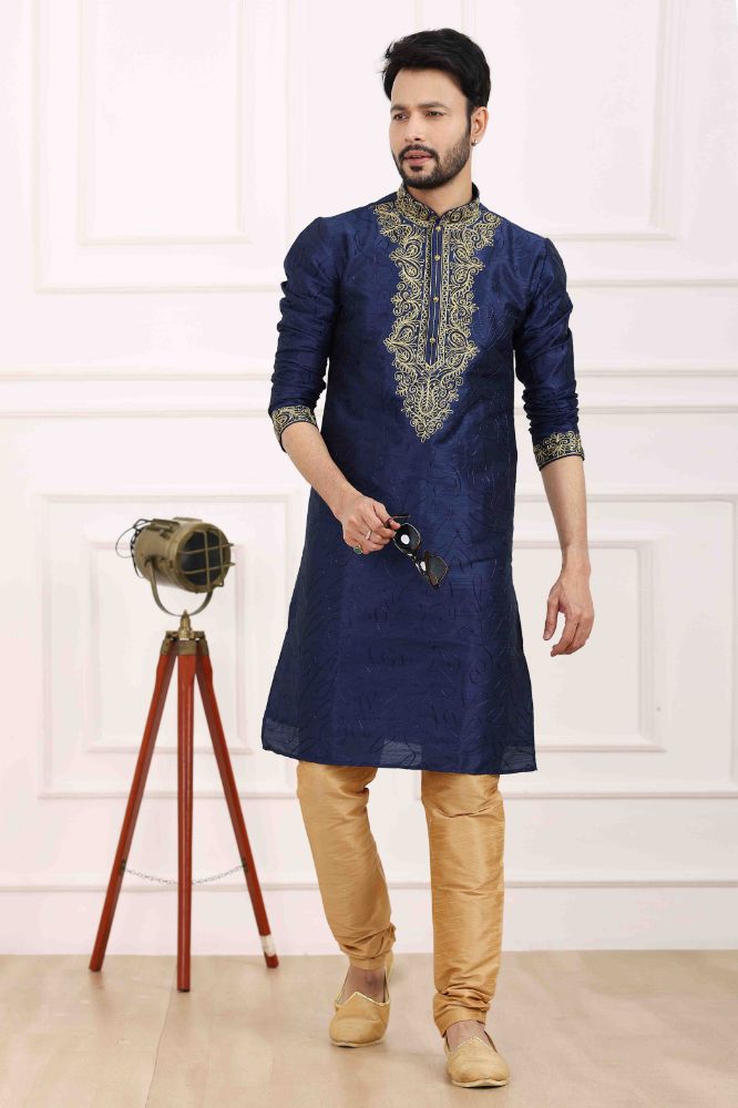 Raivat Ethnic Art Banarasi Silk Thread Work Kurta Pajama In Navy Blue Colour | Swadesiicart