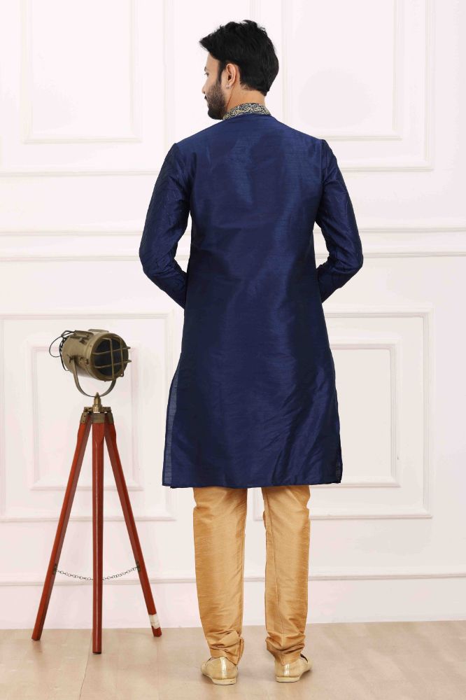 Raivat Ethnic Art Banarasi Silk Thread Work Kurta Pajama In Navy Blue Colour | Swadesiicart