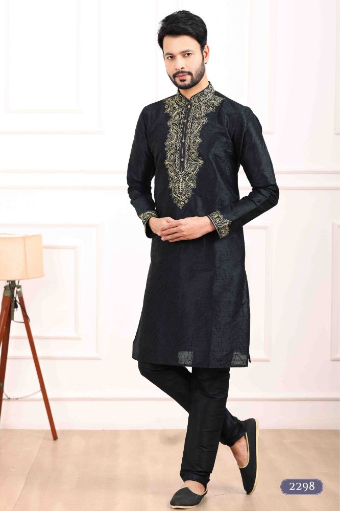 Raivat Ethnic Art Banarasi Silk Thread Work Kurta Pajama In Black Colour | Swadesiicart