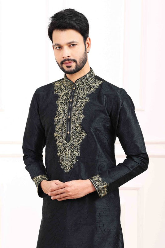 Raivat Ethnic Art Banarasi Silk Thread Work Kurta Pajama In Black Colour | Swadesiicart