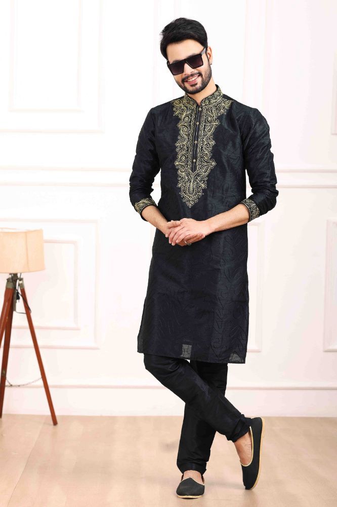 Raivat Ethnic Art Banarasi Silk Thread Work Kurta Pajama In Black Colour | Swadesiicart