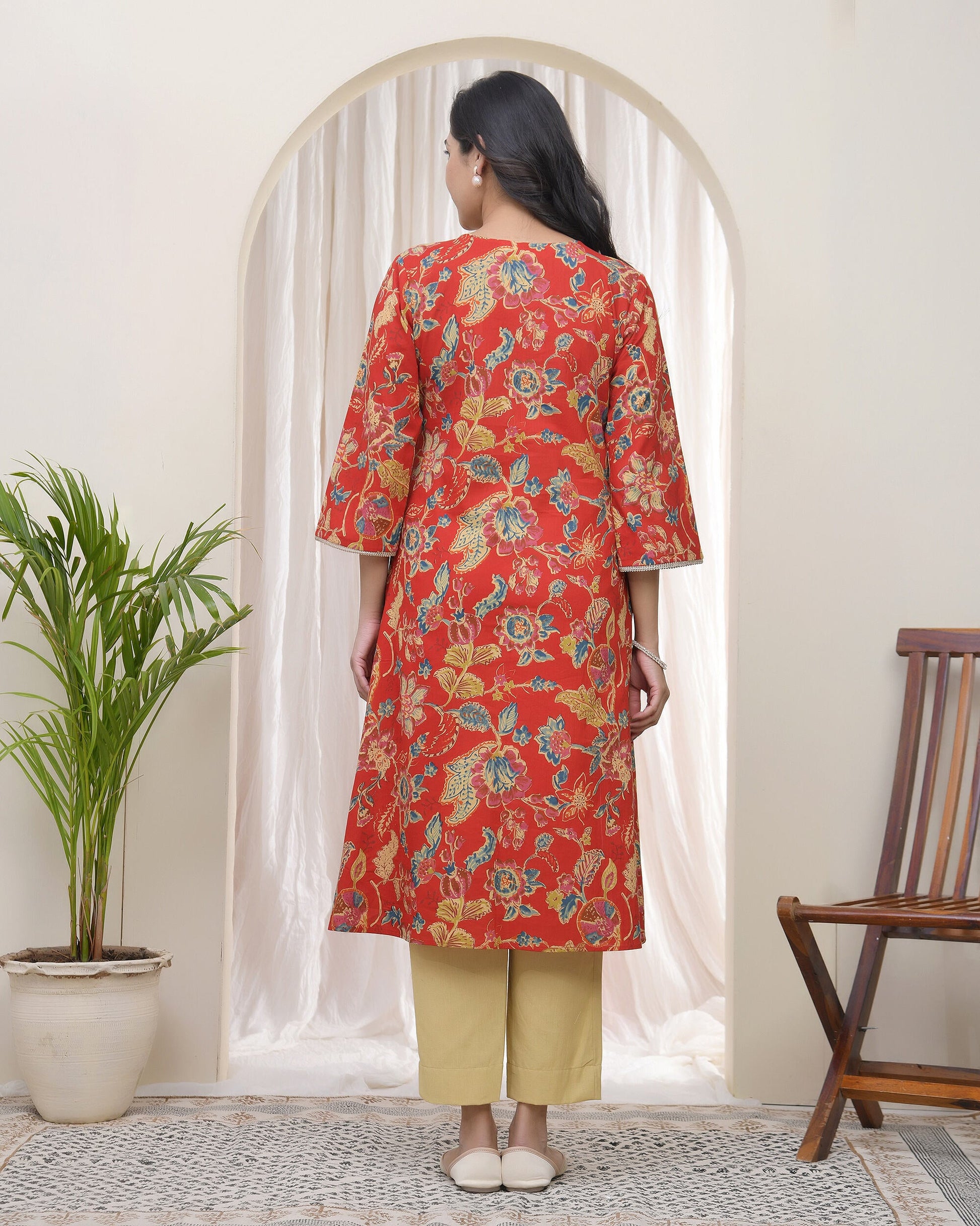 Vaasva Women Red Cotton Angrakha Kurta - Swadesiicart