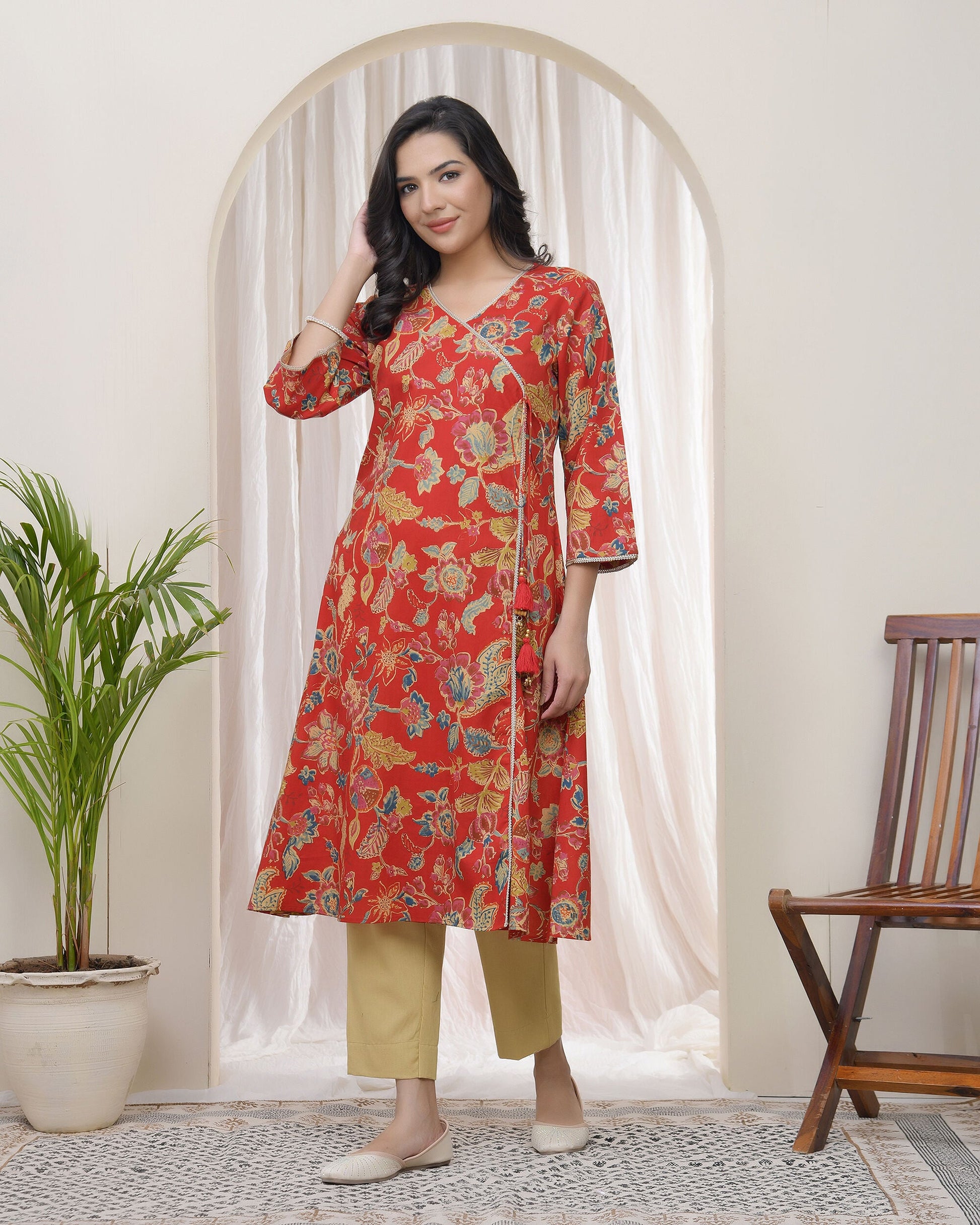Vaasva Women Red Cotton Angrakha Kurta - Swadesiicart