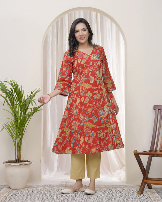 Vaasva Women Red Cotton Angrakha Kurta - Swadesiicart