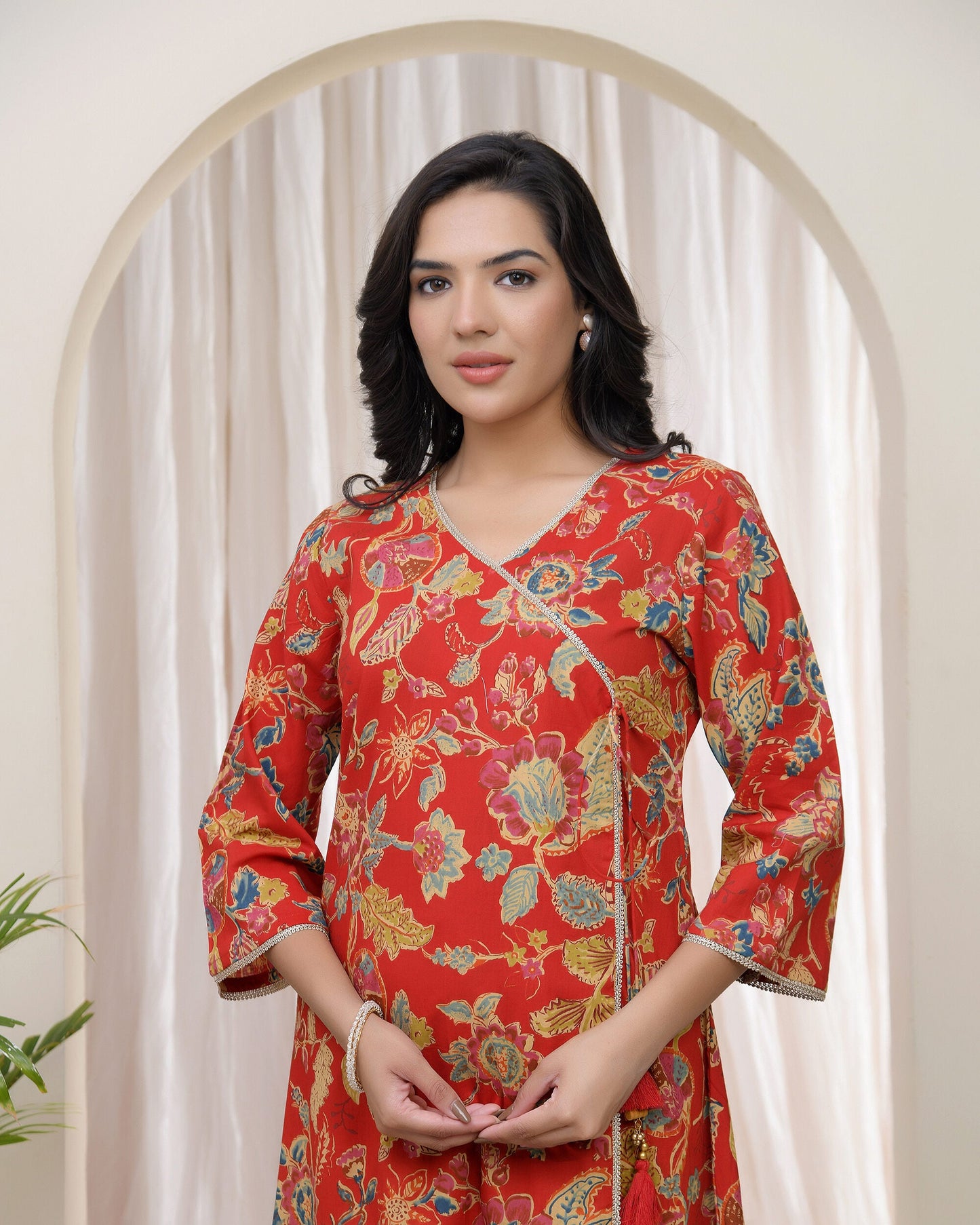 Vaasva Women Red Cotton Angrakha Kurta - Swadesiicart