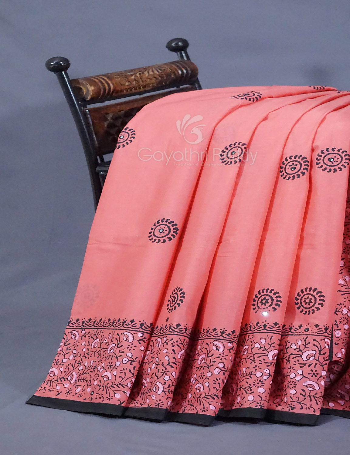 Peach Colour Block Print With Mirron Embroidered Pure Mulmul Cotton Saree By Gayathri Reddy Designer Studio | Swadesiicart