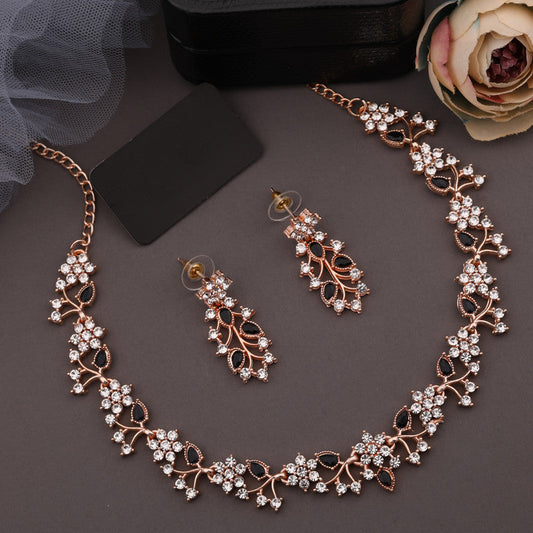 Tehzeeb Creations Brass, Stone, Crystal, Stainless Steel Gold-Polished Black Jewel Set - Swadesiicart