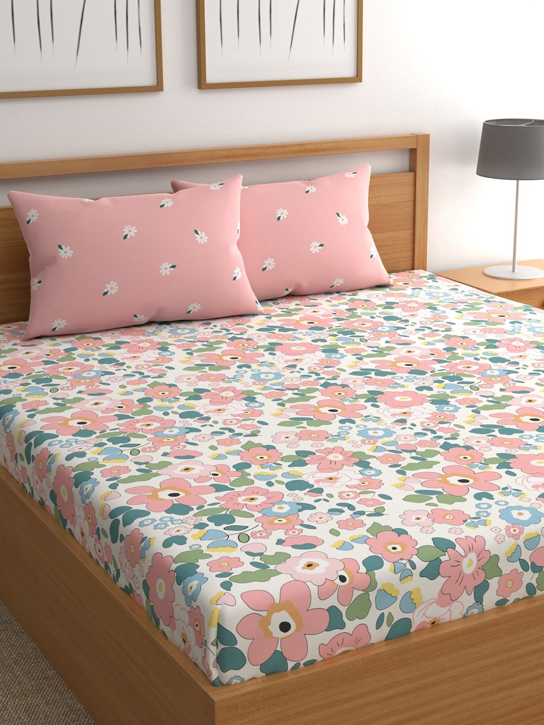 CHHAVI INDIA Pink & Blue Floral 210 TC Bedsheet with Pillow Covers - Swadesiicart